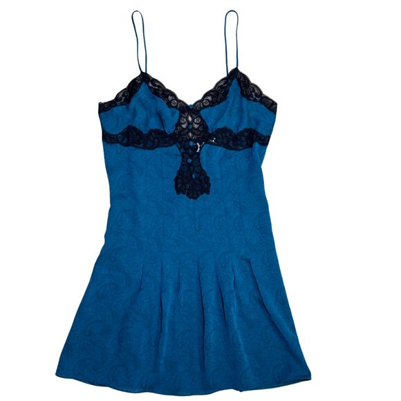 Victoria's Secret Other - Victoria's Secret Gold Label Teal Paisley Black Lace Slip Chemise Medium Vintage